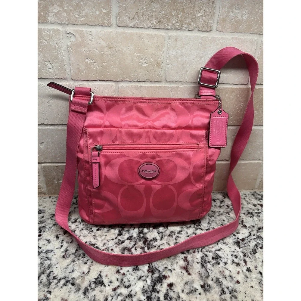 Coach Signature Getaway Nylon File Crossbody Shoulder Bag F77408 Hot Pink Barbie